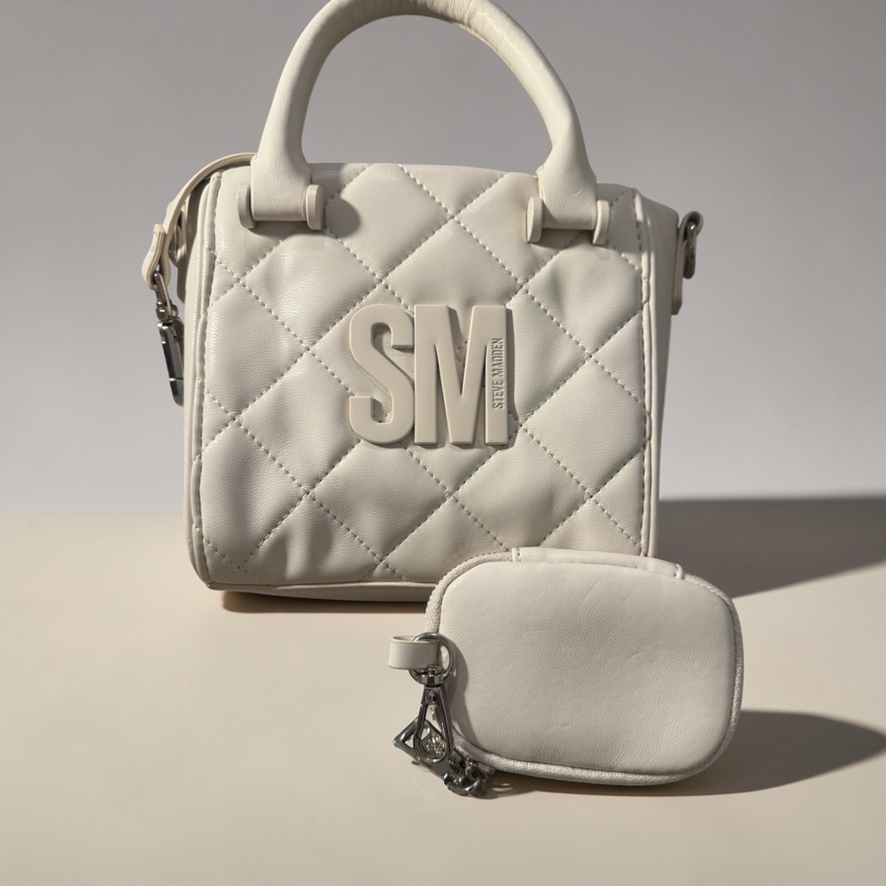 Steve Madden White Quilted Top-Handle Mini Bag with Detachable Pouch